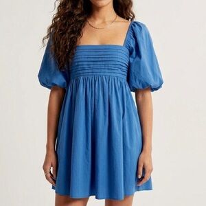 Abercrombie Emerson Poplin Blue Square Neck Puff Sleeve Dress Large